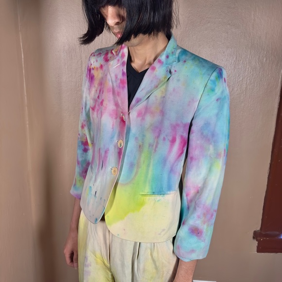 Party Dyed Suit Vintage Painted Blazer Rainbow Boho Jacket Funky Y2K Pants Chic - Picture 11 of 16